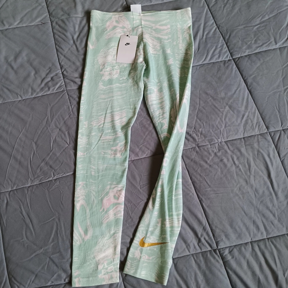 Nike Girls Dri-FIT One High-Rise Marbled Swirl Leggings Gold Logo Kid Size L